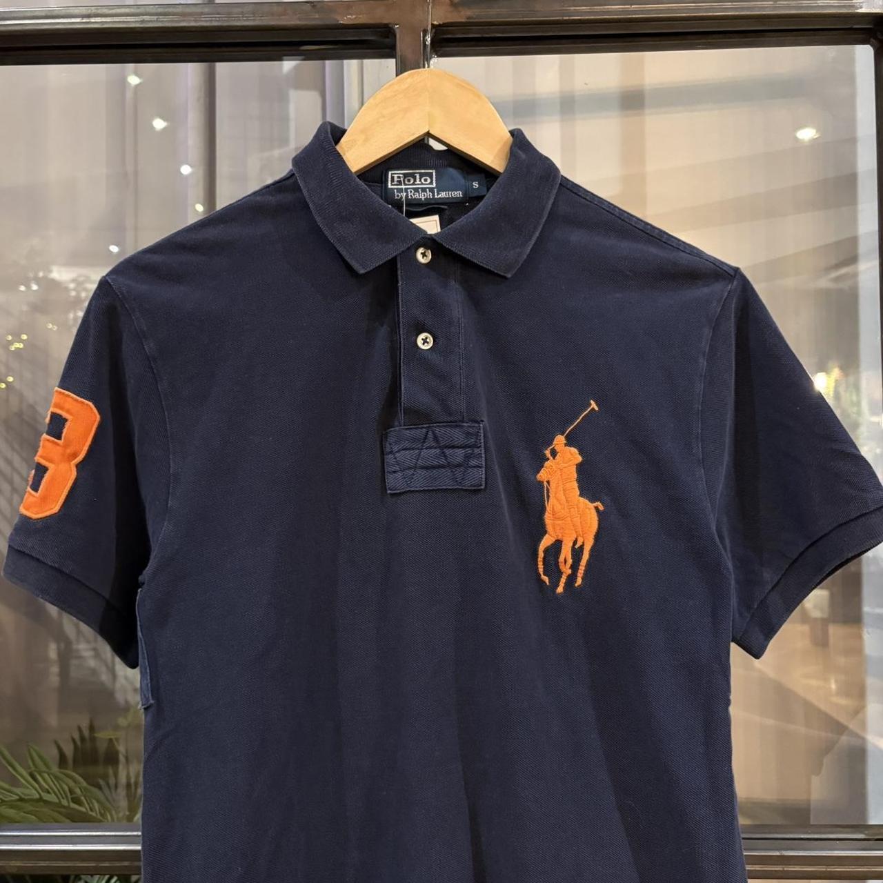 MES2811BT-F - Vintage Retro Ralph Lauren Navy Polo Shirt Short Sleeve collared button up top with Orange embroidered big logo and number 3  #Y2K #preppy #chiefkeef #oldmoney #ralphlauren