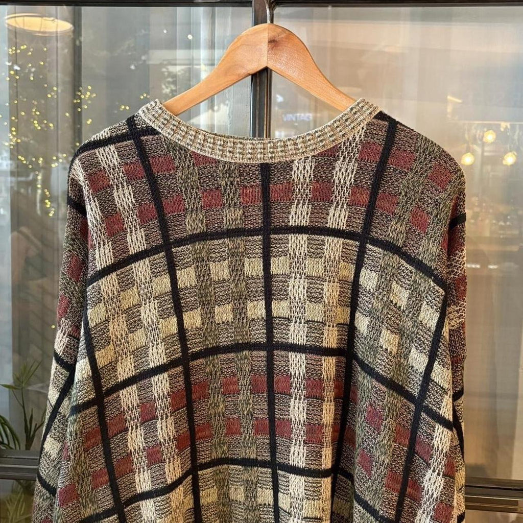 0225H52BR - Vintage Retro Essential Brown patterned golf grandpa cosby sweatshirt crewneck knit Jumper #coogistyle #knitjumper #90s #grandad #knitted