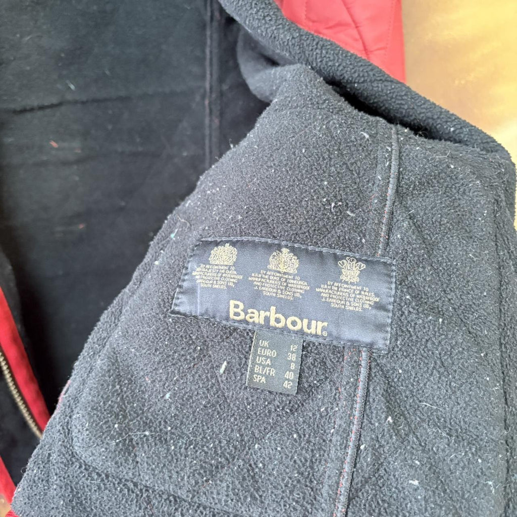 ADN0101CF-U - Vintage Retro Essential Red Barbour Full zip and button up quilted down padded lined jacket coat #british #oldmoney #quilted #outdoor #barbour