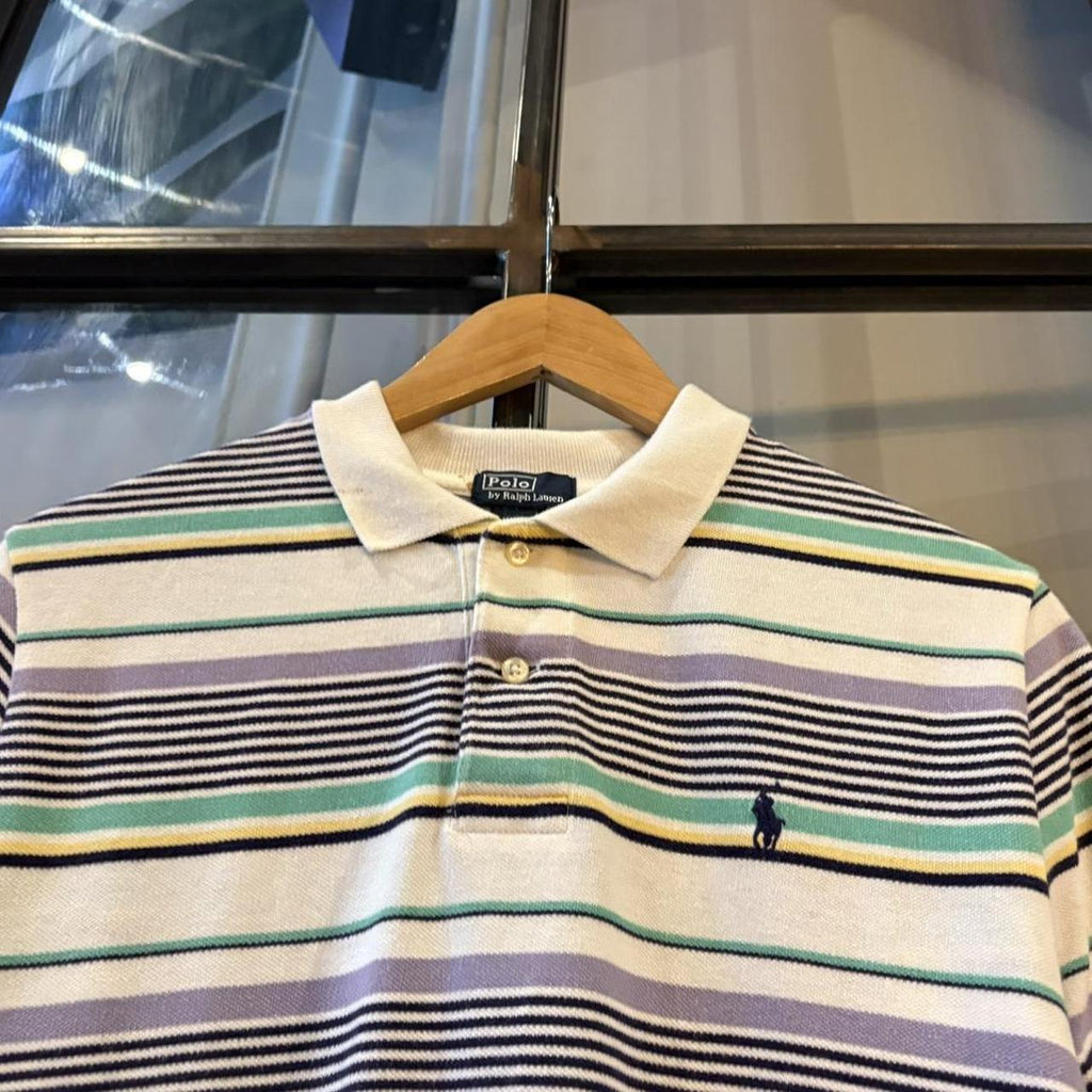 POL590-P - Vintage Retro Ralph Lauren White and Pastel Striped Polo Shirt Short Sleeve collared button up top  #Y2K #preppy #chiefkeef #oldmoney #ralphlauren