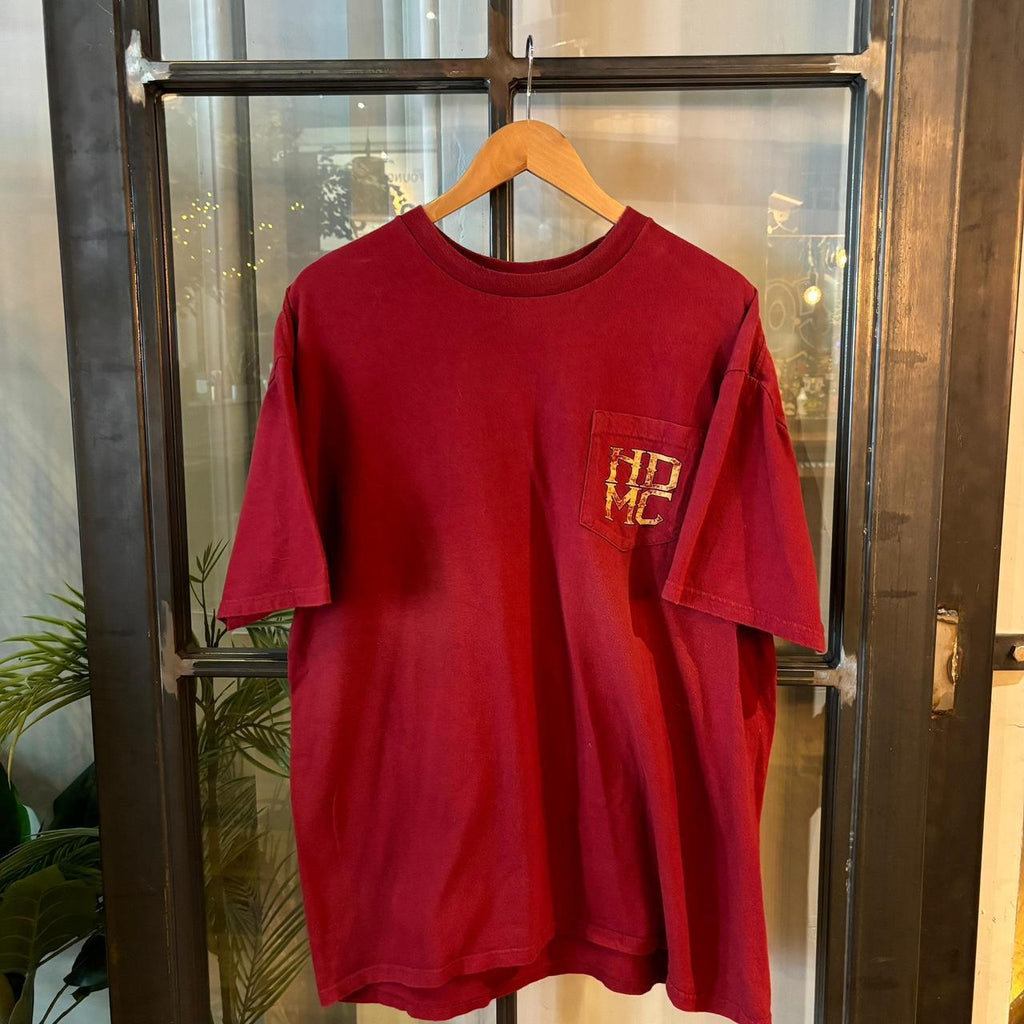 TEE413P - Vintage Retro Essential Burgundy Schaffers Harley Davidson  Graphic Print Pocket Top Tee T-shirt #90s #graphic #harleydavidson #biker