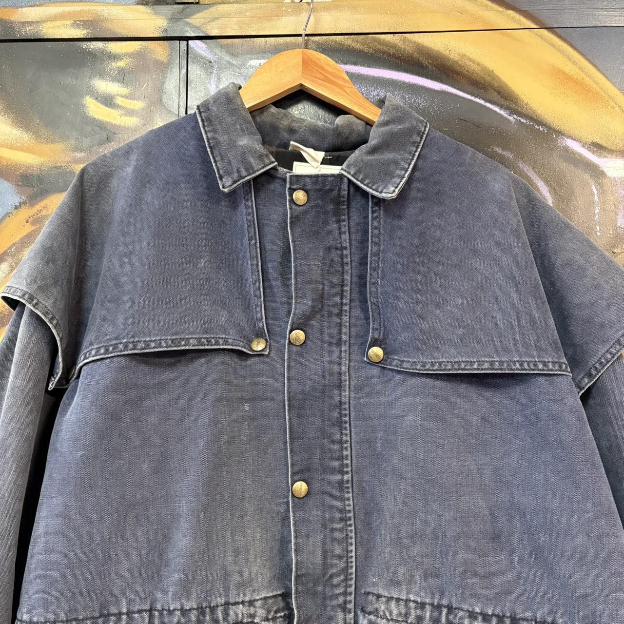 BR0801AR-U - Vintage Retro Essential Navy Blue Carhartt CW043 Button and Full Zip Up Shoulder Cape Duster Workwear Canvas lined chore Jacket #workwear #utility #carhartt #chorejacket