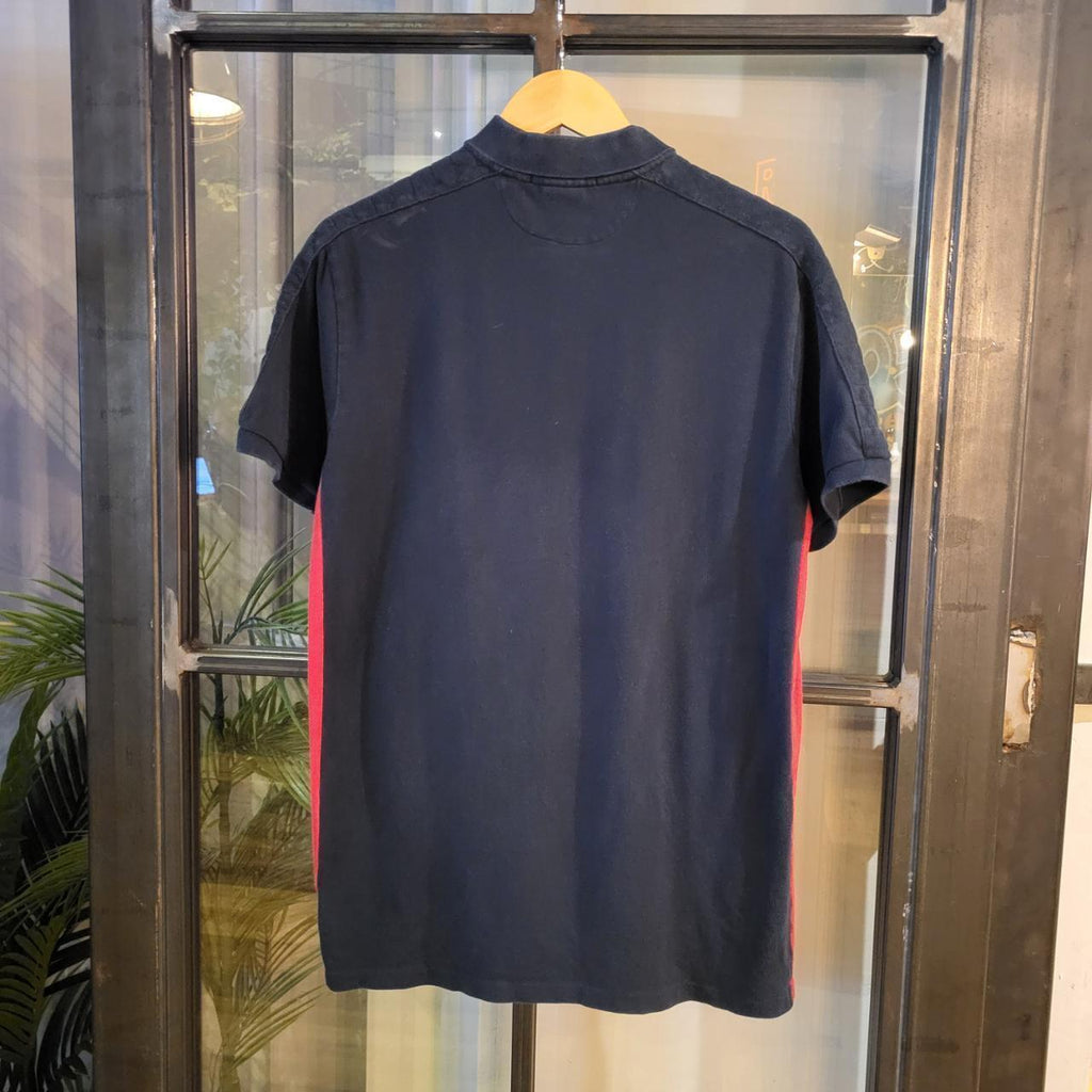 POL196 - Vintage Ralph Lauren Navy Polo Shirt Short Sleeve collared button and Zip up top with side red stripe #Y2K #preppy #chiefkeef #golf #oldmoney