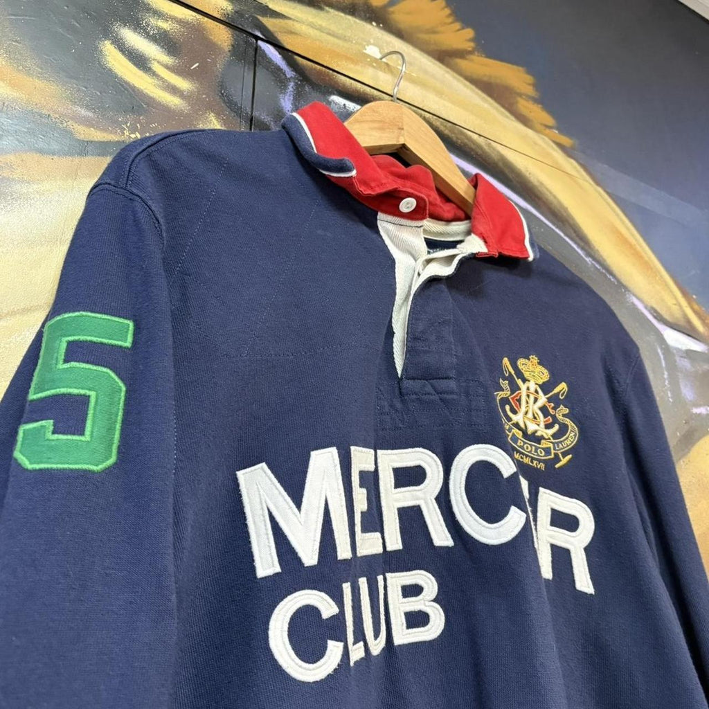 MES1901CA-U - Vintage Retro Ralph Lauren Navy longsleeve collared button up rugby jersey top with embroidered crest logo, Mercer and number 5#Y2K #preppy #chiefkeef #oldmoney #ralphlauren