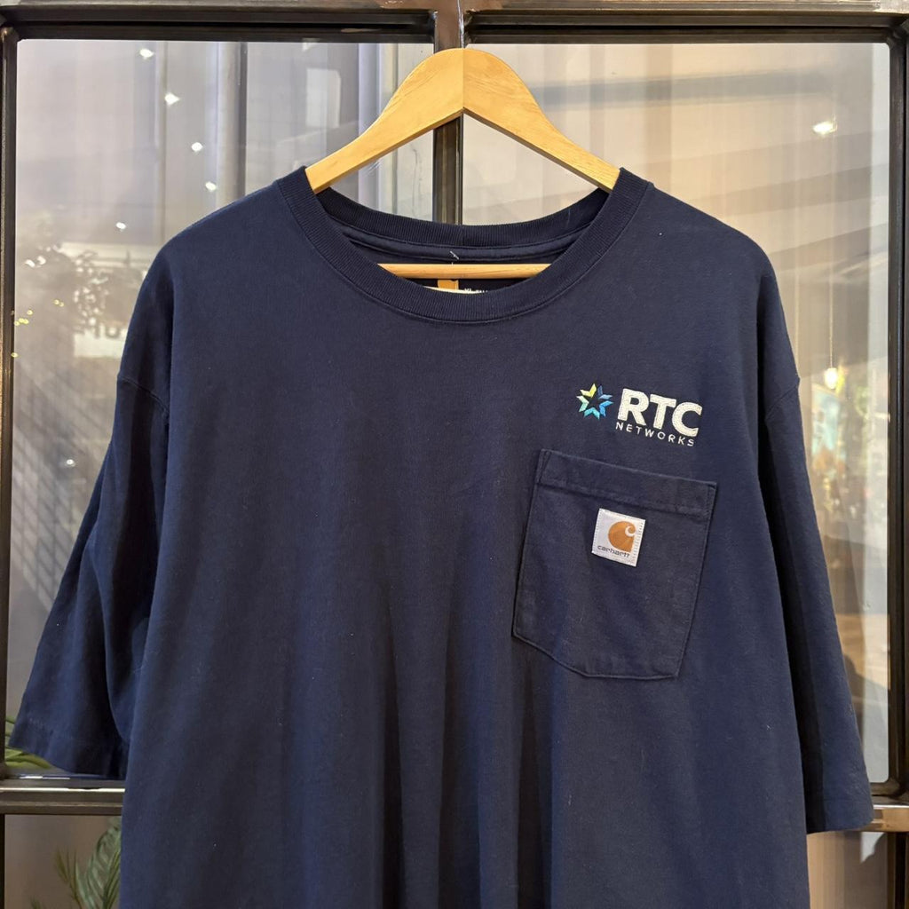 BR2306NQ-F - Vintage Retro Essential Navy Carhartt Pocket Top Tee T-shirt with RTC Networks embroidered patch logo #skater #workwear #carhartt #y2k #pocket