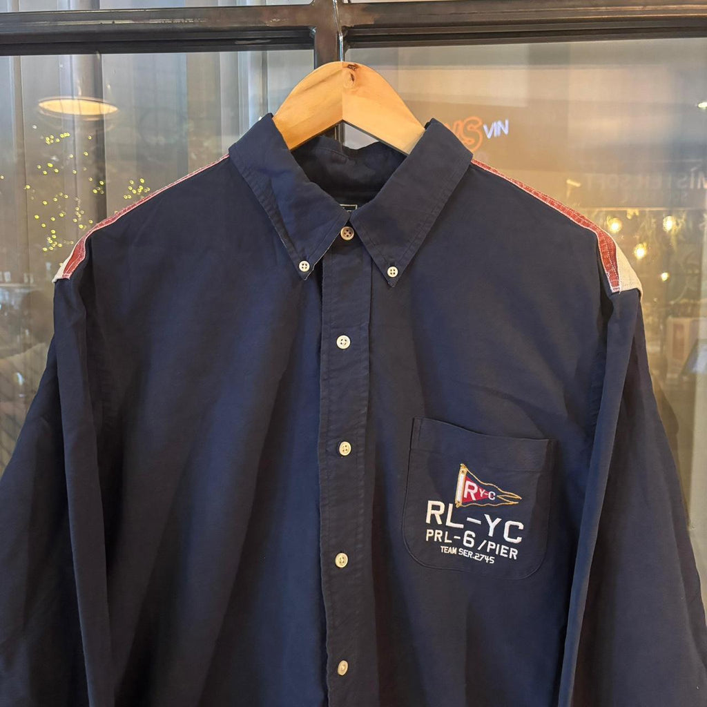 RLS231-F - Vintage Ralph Lauren Yacht Club Navy Longsleeve collared button up shirt top #Y2K #preppy #chiefkeef #smartcasual #oldmoney