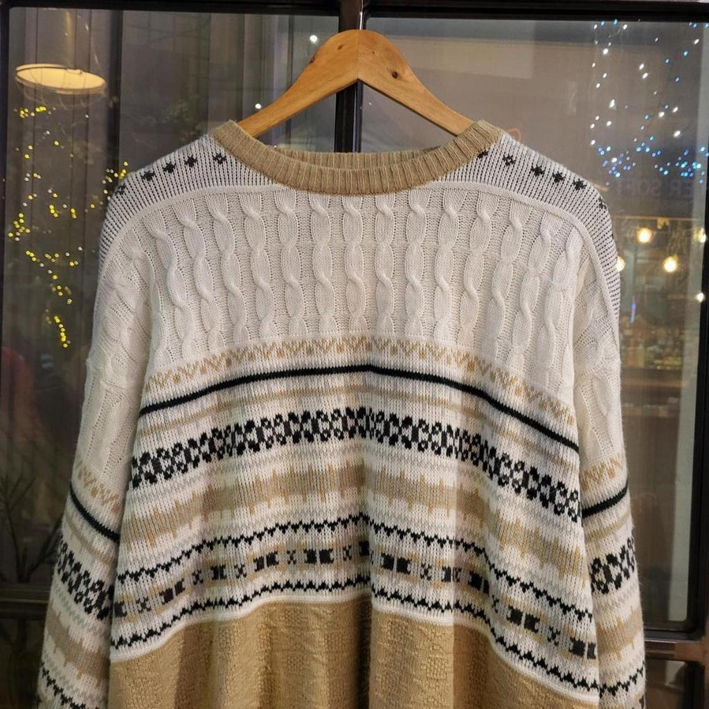 WDB061 - Vintage Retro Beige Cream grandad knit Patterned Sweatshirt Knitwear sweater Jumper #hiphop #coogi #biggie #grandad #sweater