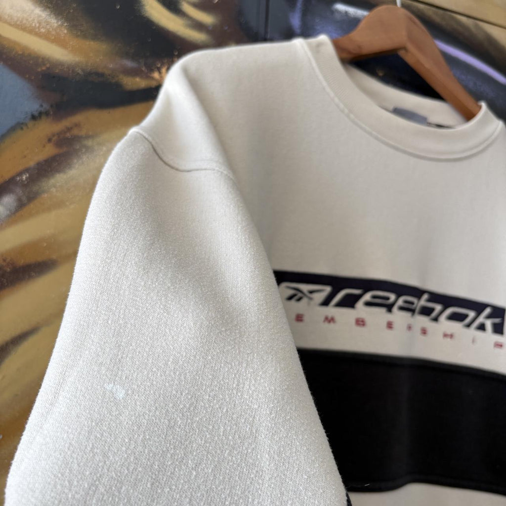 Vintage Reebok Sweatshirt Mens Medium Beige Membership Streetwear Pullover Jumper Top 90s Y2K 00s