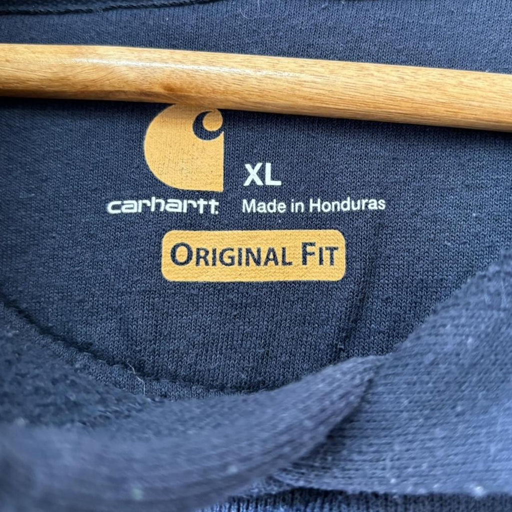 Carhartt WIP Hoodie Mens XL Navy Logo Spellout Sweatshirt Streetwear Skate Pullover Kangaroo Pouch Jumper Top 90s Y2K