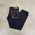 Red Monkey Company RMC Jeans Mens 40x34 Japanese Selvedge Denim Dark Blue Wash Straight Leg Martin Ksohoh Embroidered Samurai and Geisha Detailing Hip Hop Y2K