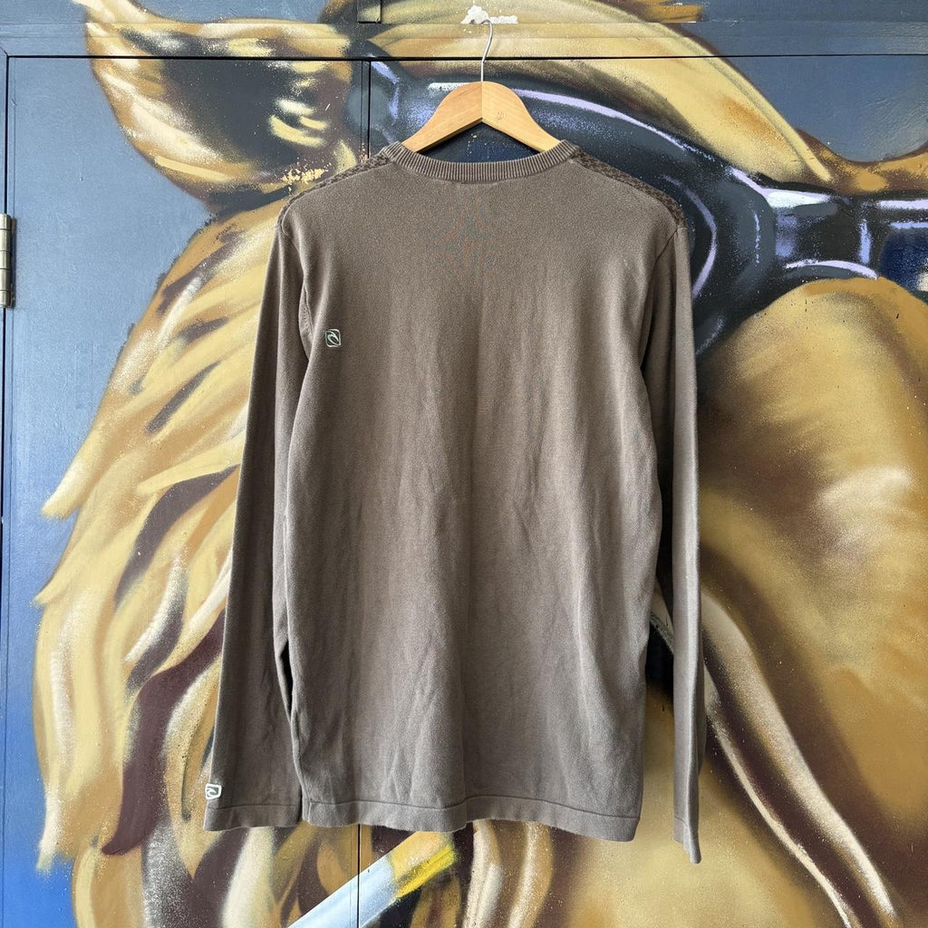 Vintage Ripcurl Sweatshirt Mens Medium Brown Cross Stitch Pattern Graffiti Script Embroidered Logo Knit Jumper Surf Top 90s Y2K 00s