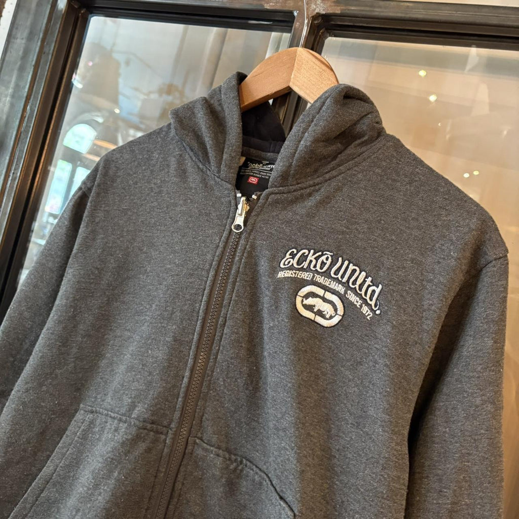 042565F - Vintage Retro Essential Dark Grey Ecko Unltd. Full Zip Up Sweatshirt Hoodie with small chest embroidered logo #90s #sportswear #essential #ecko #y2k