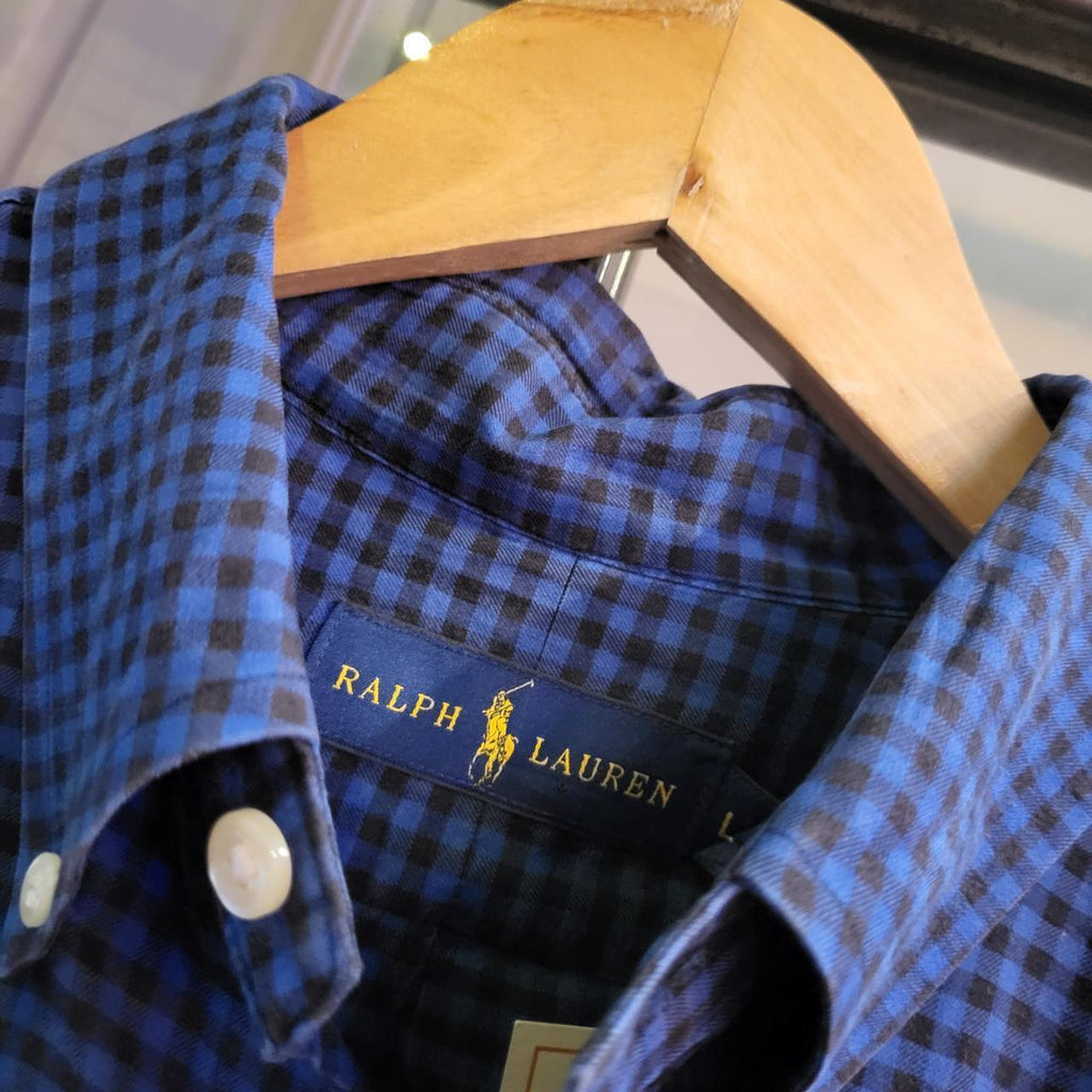 RLS036-P - Vintage Ralph Lauren Navy Blue Checekered Button Up Shirt Longsleeve collared top #Y2K #preppy #smartcasual #golf #oldmoney