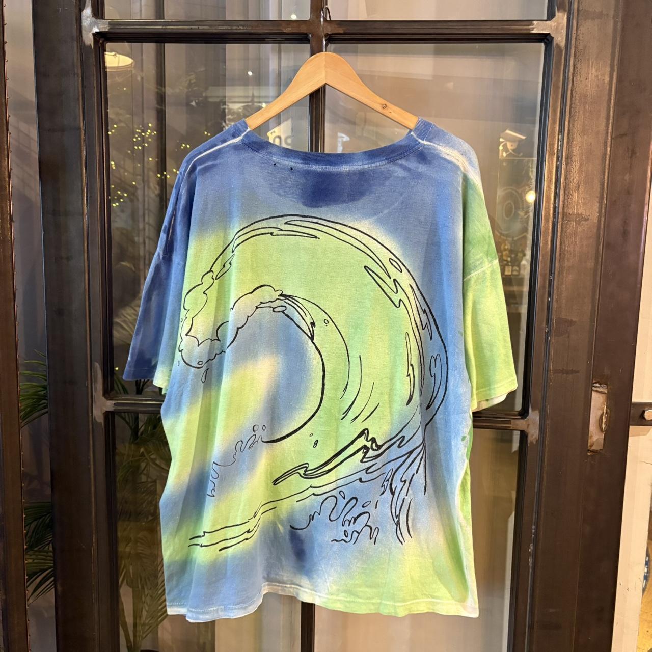 TEE459F - Vintage Retro Essential Blue and Green Tie-Dye Mickey Mouse Surfing Graphic Print Top Tee T-shirt on Mickey Unlimited Tag #singlestitch #tiedye #surfing #disney #mickeymouse