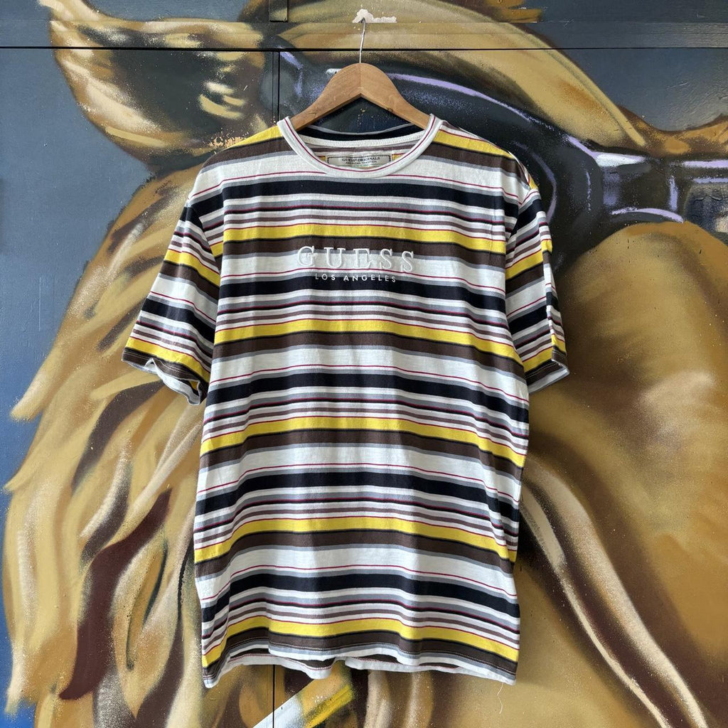 Guess Originals T shirt Mens Medium Multi-Colour Ashton Horizontal Striped Embroidered Logo Los Angeles Tee Top 90s Y2K 00s
