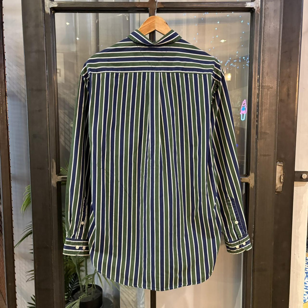 POL704-F - Vintage Ralph Lauren Dark Green and Navy Striped Longsleeve collared button up polo shirt top #Y2K #preppy #chiefkeef #smartcasual #oldmoney
