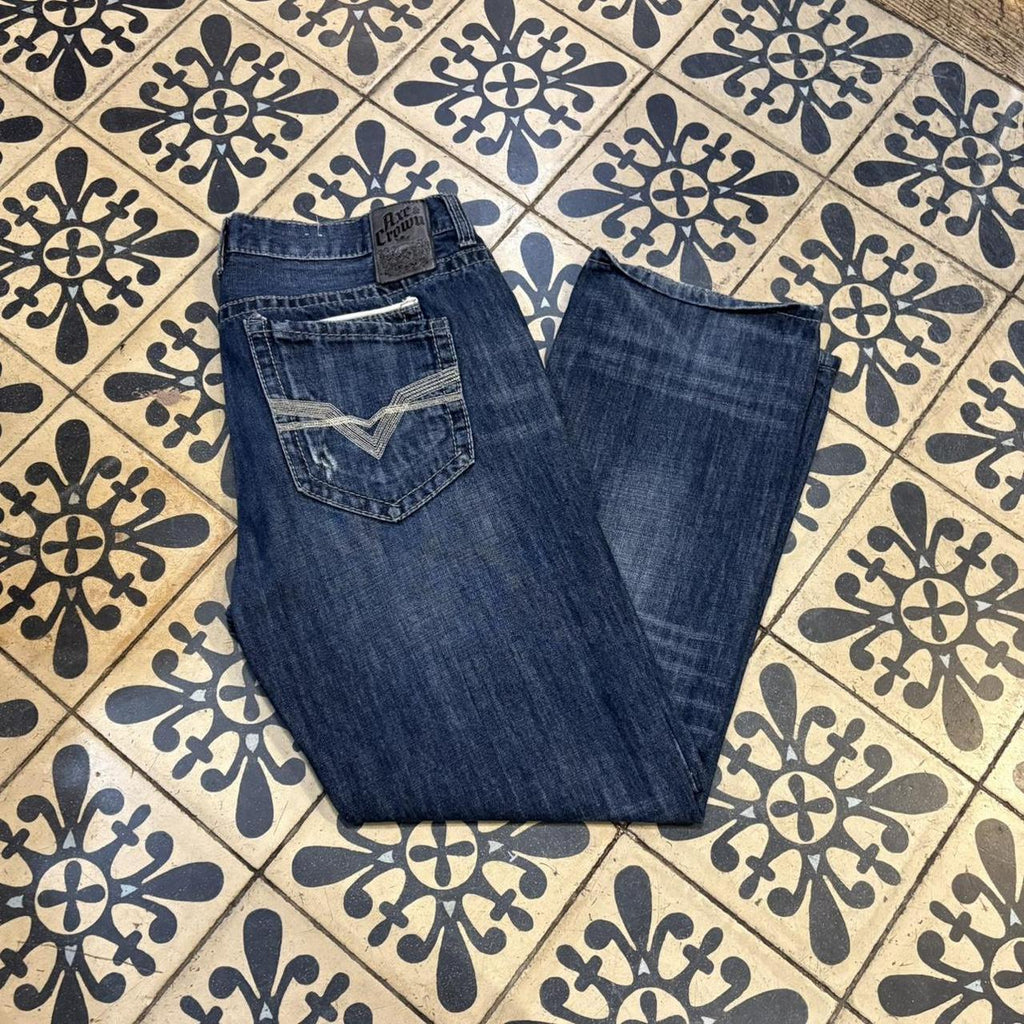 0325C95UF - Vintage retro essential Axe & Crow Dark Blue Wash Denim Jeans Trousers pants with embroidered pattern stitched detailing #denim #slimfit #axe&crow #embroidered #y2k