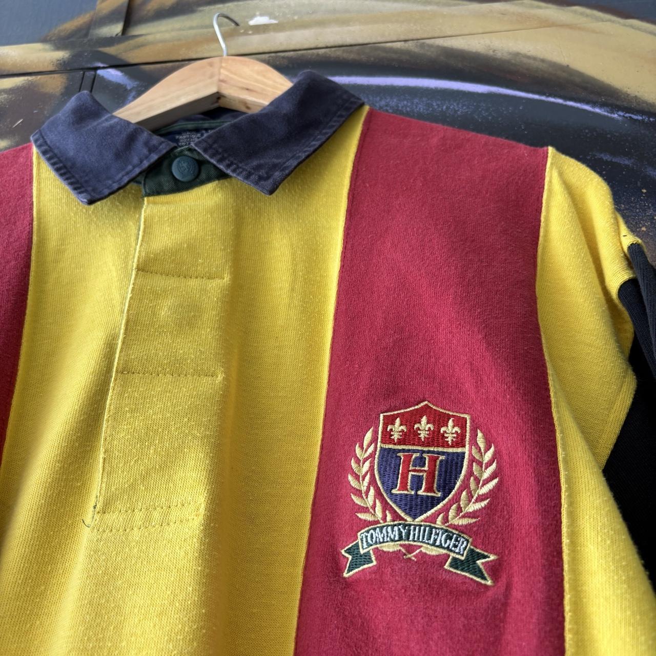 Vintage Tommy Hilfiger Rugby Jersey Red Yellow Striped Preppy Pony Logo Collared Button Up Top Y2K 90s