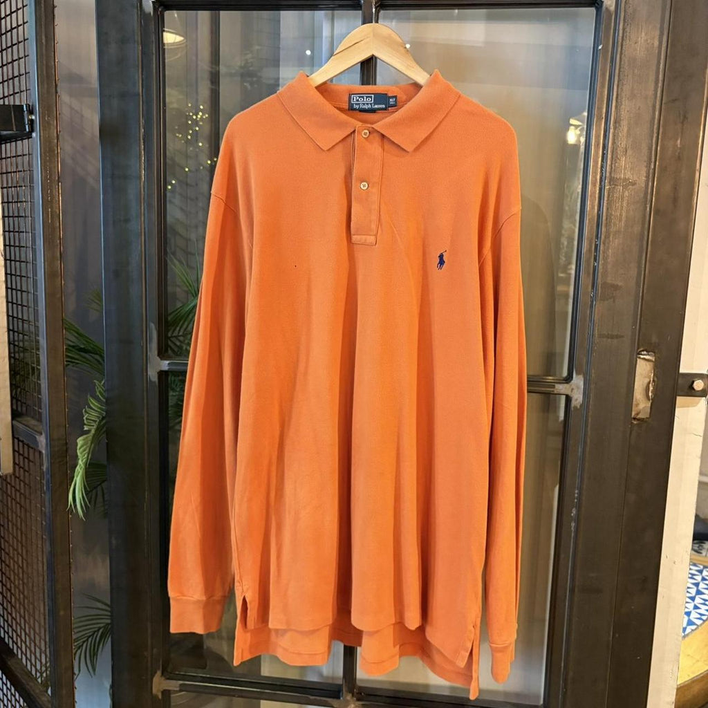 POL548F - Vintage Retro Ralph Lauren Plain Orange Longsleeve Polo collared button up top  #Y2K #preppy #chiefkeef #oldmoney #ralphlauren