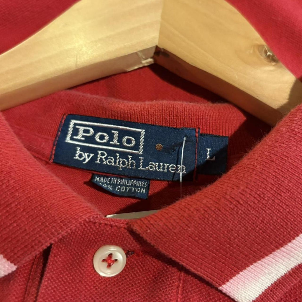 BR1209JV-F - Vintage Retro Ralph Lauren Plain Red Polo Shirt Short Sleeve with stripes white collared button up top  #Y2K #preppy #chiefkeef #oldmoney #ralphlauren