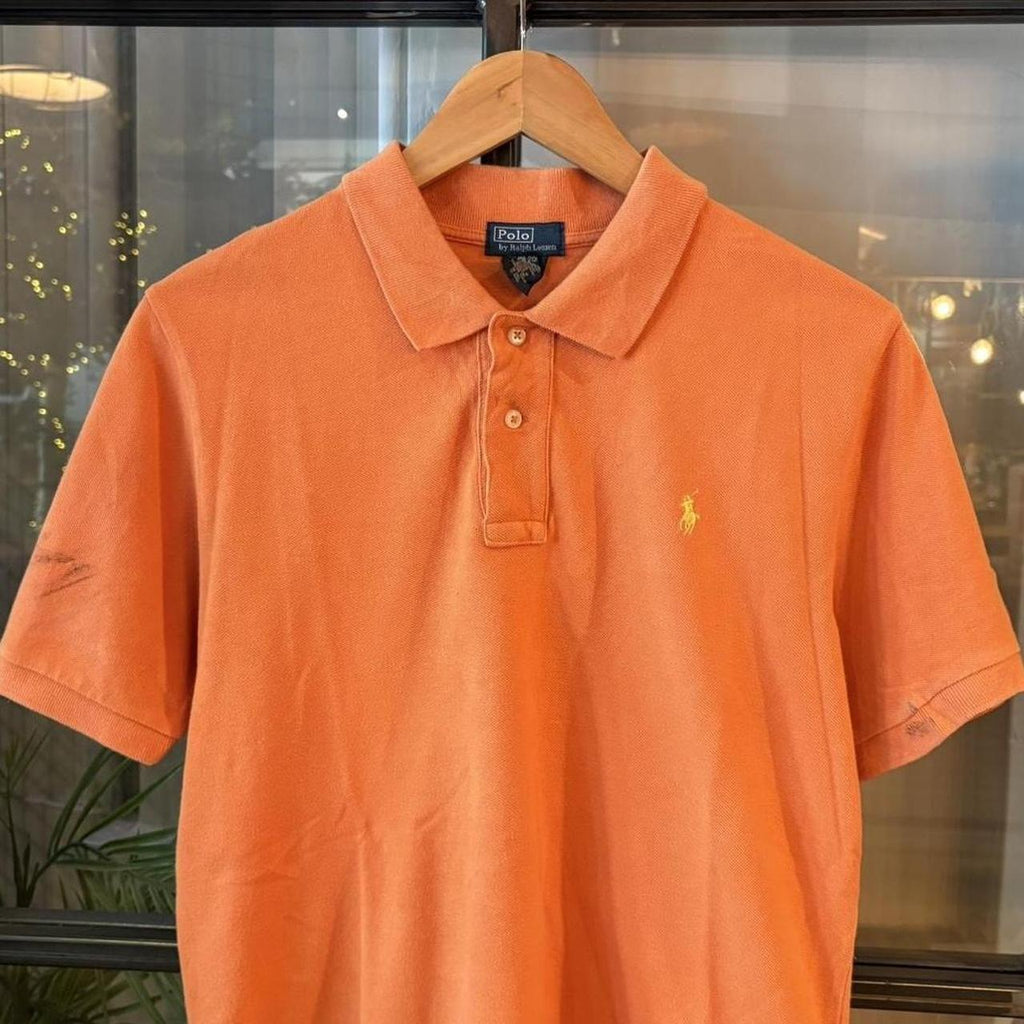 POL394-F - Vintage Retro Ralph Lauren Orange Plain Polo Shirt Short Sleeve collared button up top  #Y2K #preppy #chiefkeef #oldmoney #ralphlauren