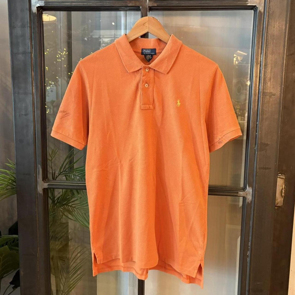 POL394-F - Vintage Retro Ralph Lauren Orange Plain Polo Shirt Short Sleeve collared button up top  #Y2K #preppy #chiefkeef #oldmoney #ralphlauren