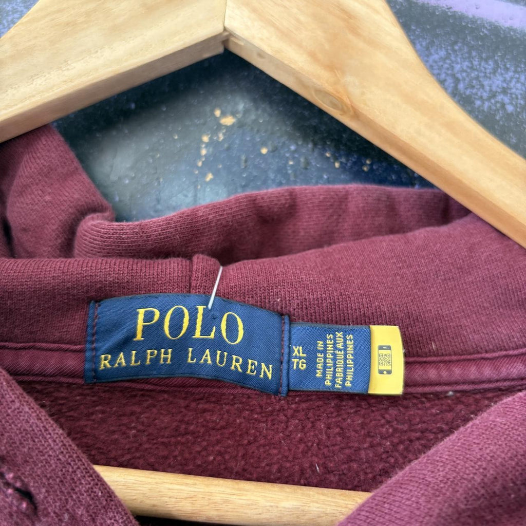 Vintage Polo Ralph Lauren Hoodie Mens XL Burgundy Big Centre Patch Logo Sweatshirt Jumper Preppy Old Money Top 90s Y2K 00s