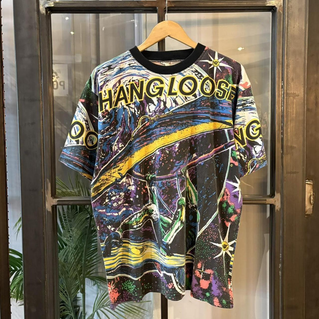 Vintage Hang Loose T Shirt Tee Mens Large Multicolour All Over Print Surf Skate Graphic Top Y2K 90s
