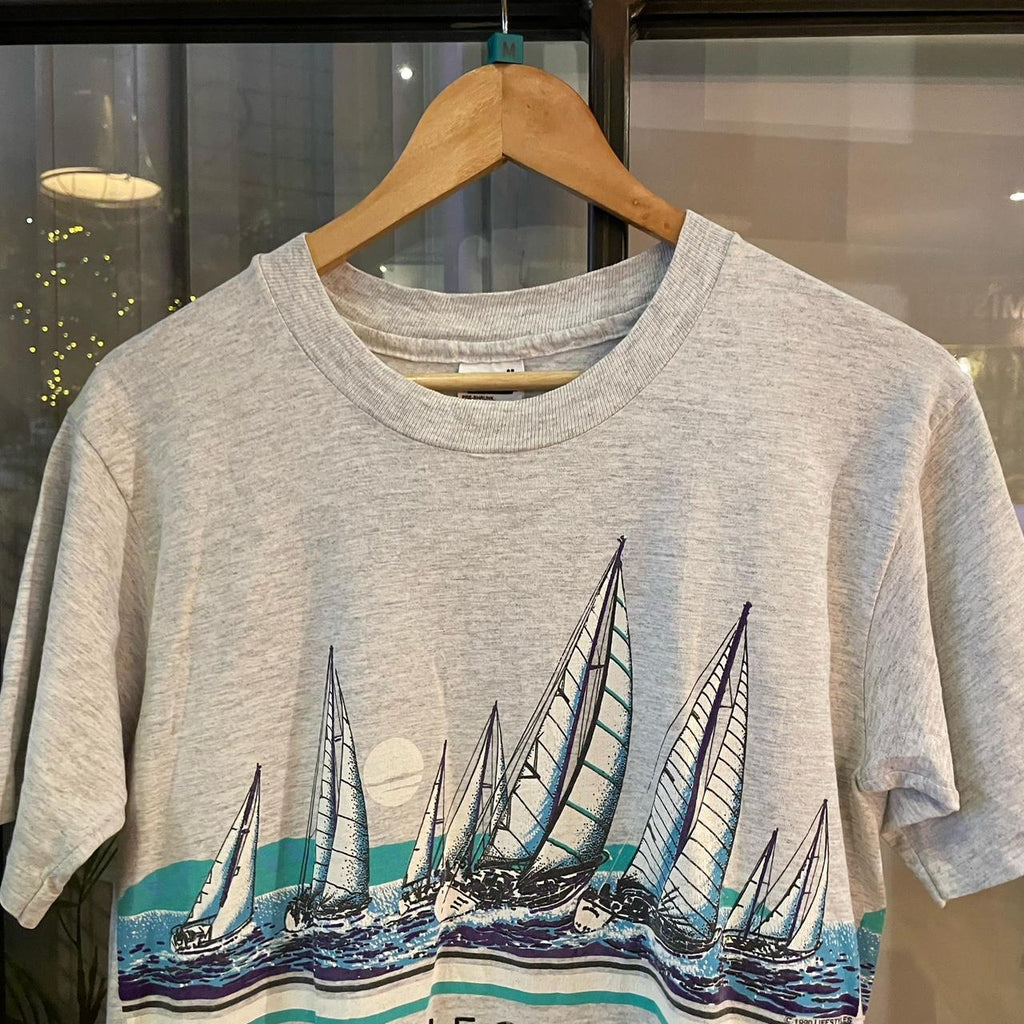 1224H01P - Vintage Retro Essential Grey Cailifornia Sailing Graphic All Over Print Single Stitch Top Tee T-shirt #90s #aop #top #boating #sailing