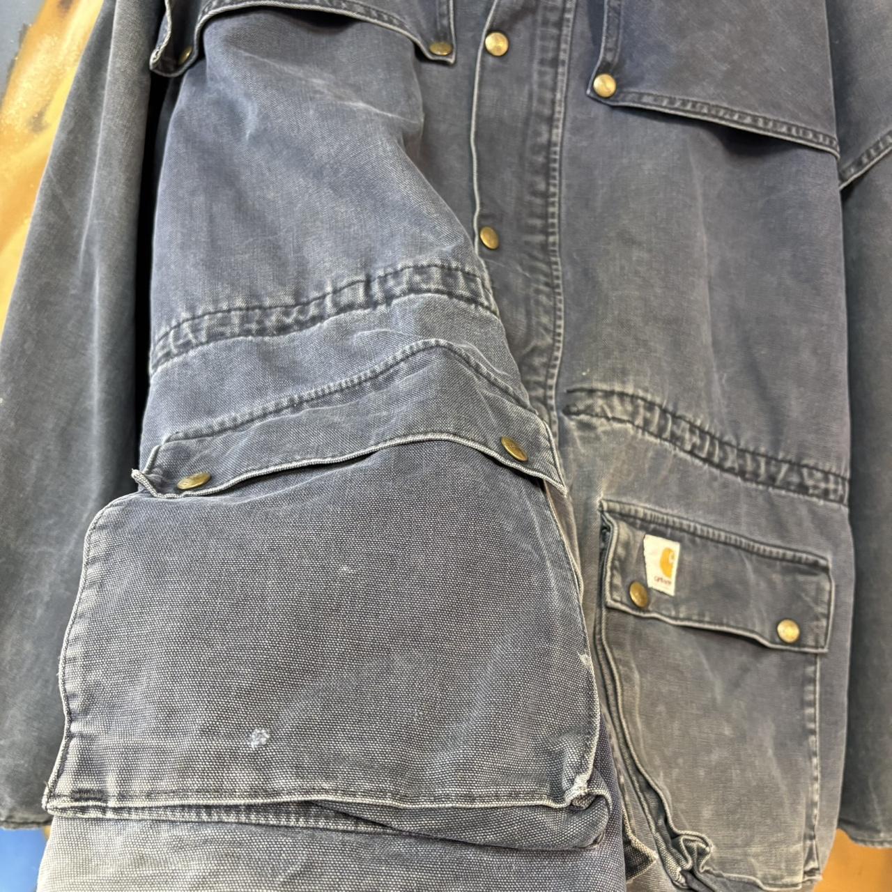BR0801AR-U - Vintage Retro Essential Navy Blue Carhartt CW043 Button and Full Zip Up Shoulder Cape Duster Workwear Canvas lined chore Jacket #workwear #utility #carhartt #chorejacket