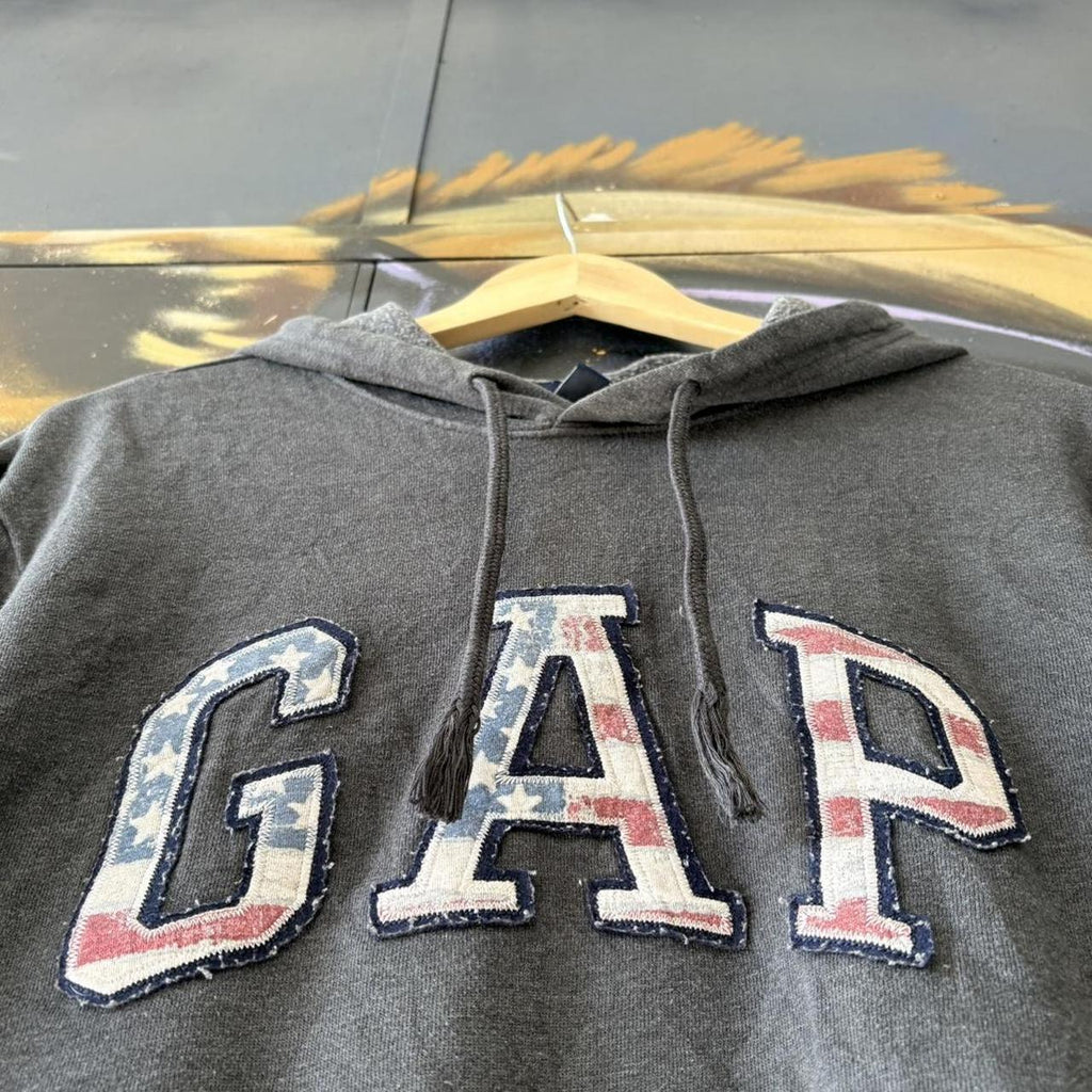 Vintage GAP Hoodie Top Mens Large Spellout Logo USA Flag Grey Preppy Ivy League Clean 90s Y2K