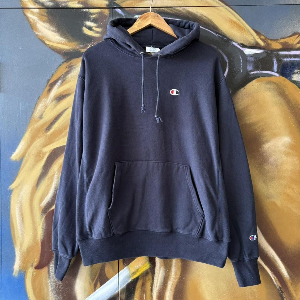 Vintage Champion Hoodie Mens XL Navy Reverse Weave Heavyweight Cotton Pullover Sweatshirt Jumper 90s Y2K 2000s