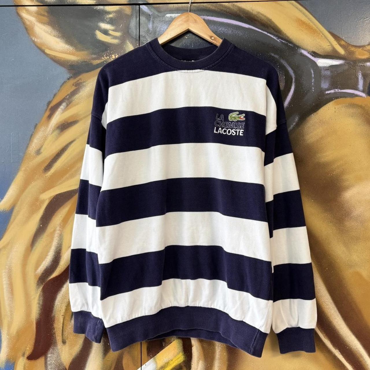 Vintage Lacoste Chemise Sweatshirt Mens Large Striped Crewneck Navy White Logo 90s Y2K