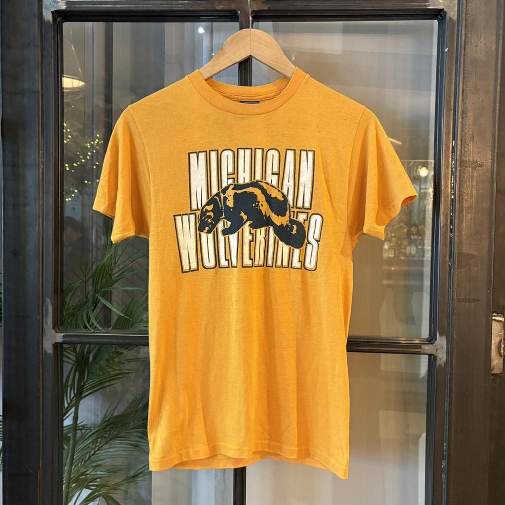 TEE506F - Vintage Retro Essential Mustard Michigan Wolverines Single Stitch Graphic Print Top Baby Tee T-shirt #80s #singlestitch #babytee #michigan #wolverines
