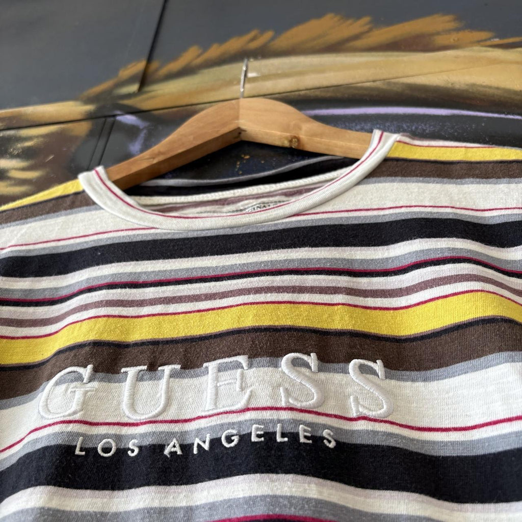 Guess Originals T shirt Mens Medium Multi-Colour Ashton Horizontal Striped Embroidered Logo Los Angeles Tee Top 90s Y2K 00s