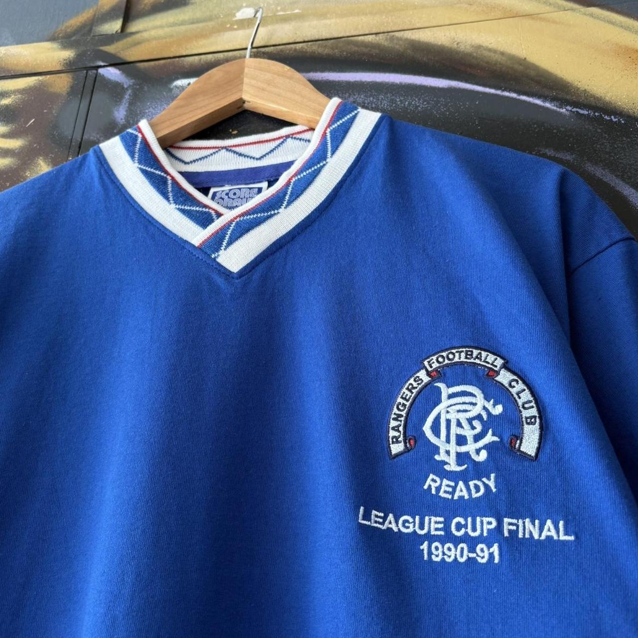 Vintage Score Draw Rangers Jersey Mens Medium Blue Home 1990 1991 League Cup Final T Shirt Kit Top