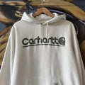 Carhartt WIP Hoodie Mens Medium Cream Logo Graphic Spellout Sweatshirt Streetwear Skate Jumper Top 90s Y2K