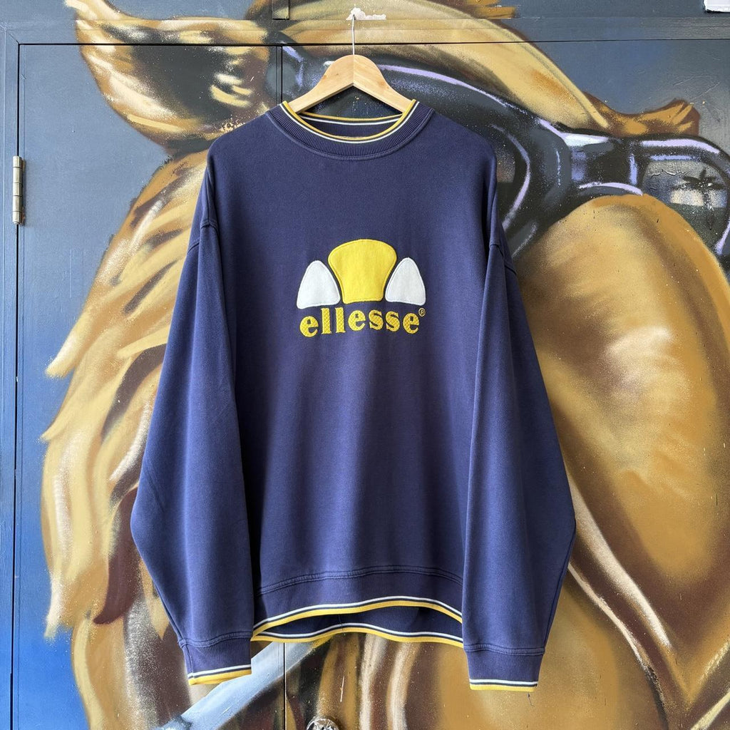 Vintage Ellesse Sweatshirt Mens XXL Navy Big Centre Logo Embroidered Pullover Jumper Top 90s Y2K 00s