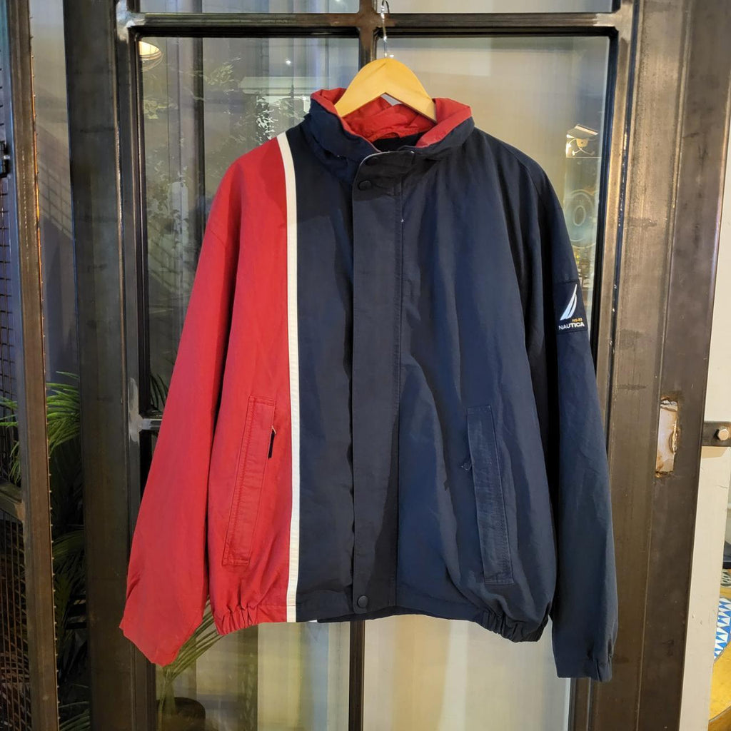 WDB024 - Vintage Retro Essential Nautica Two Block Red Navy Windbreaker full zip up Jacket with concealable Hood #nautica #windbreaker #preppy #featival #90s