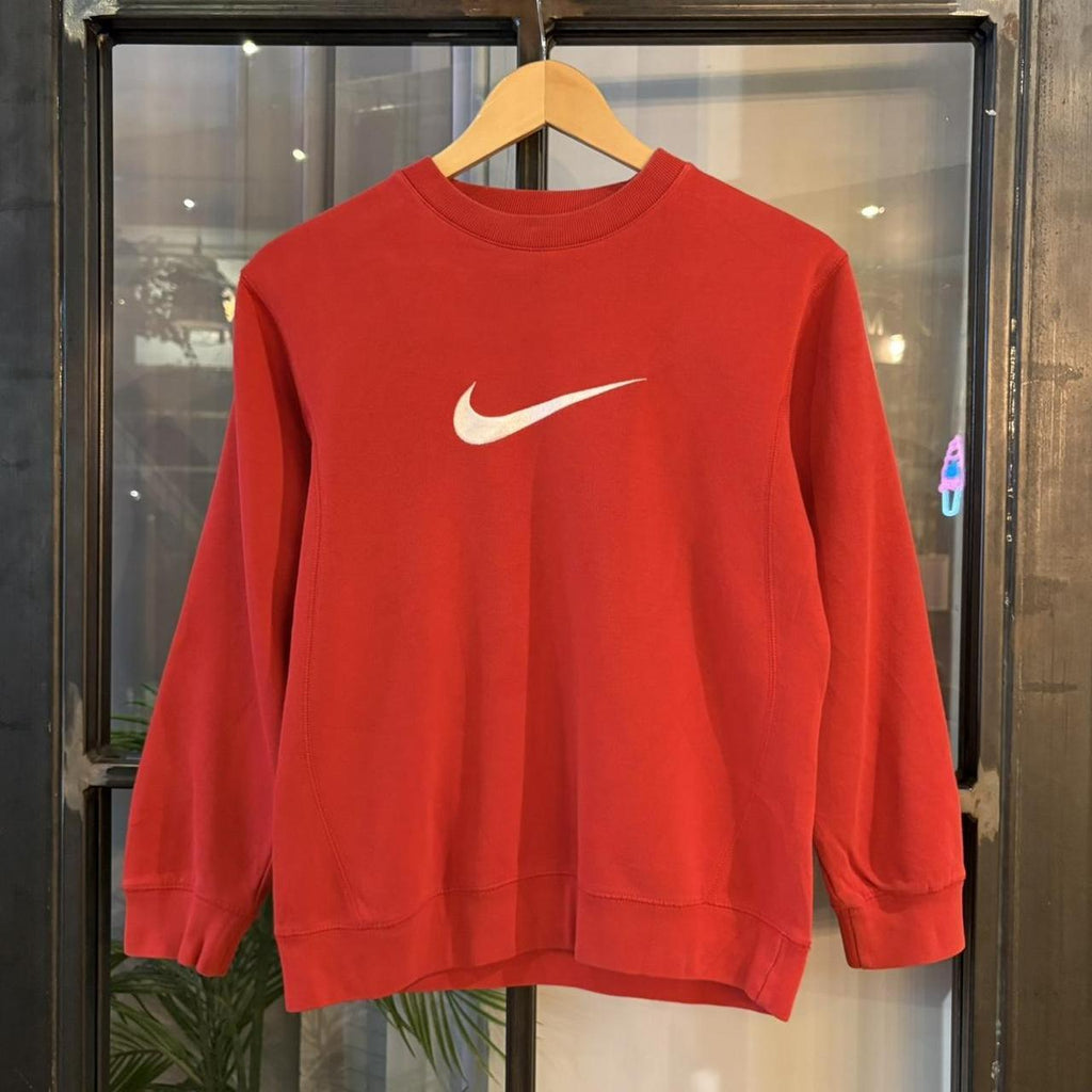 Vintage Retro Essential Red Nike Crewneck Jumper Sweatshirt with embroidered big centre swoosh patch logo #90s #sportswear #essential #y2k #nike