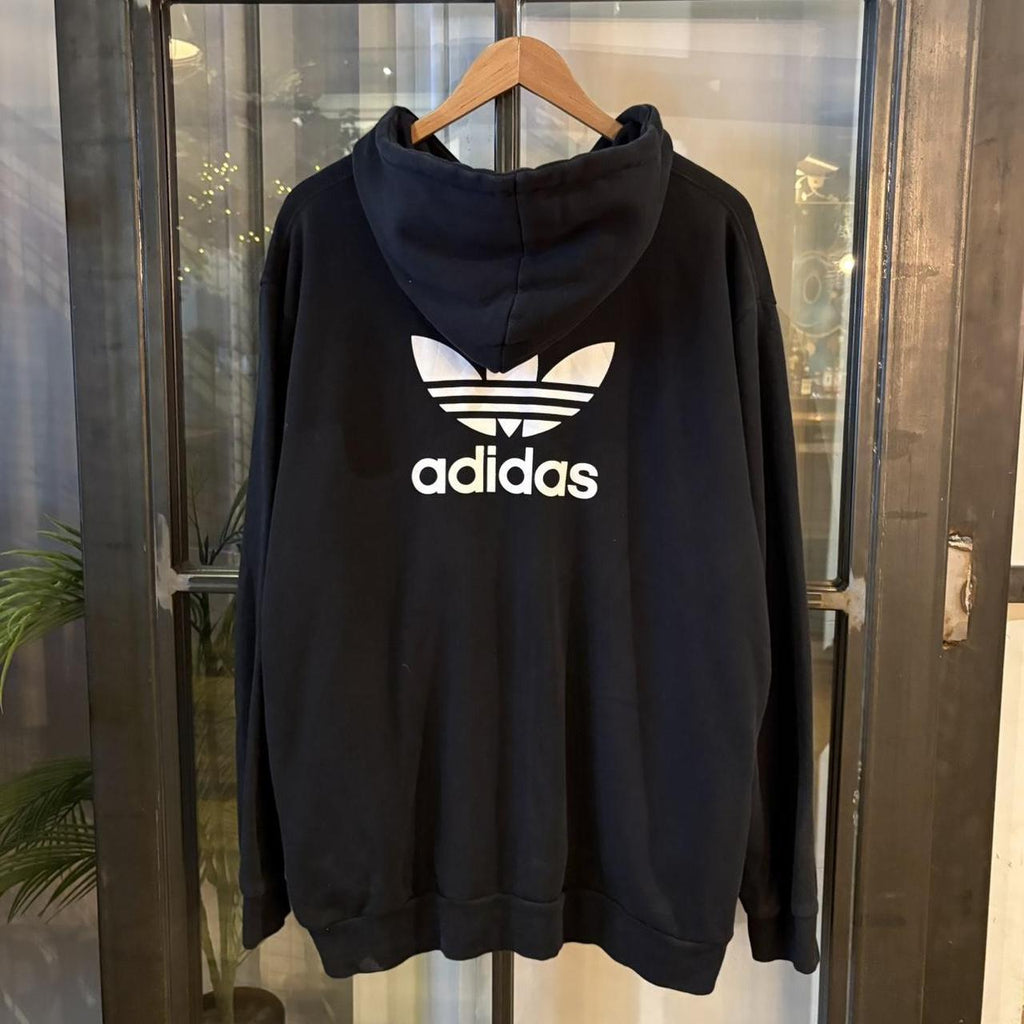 0325G74UF - Vintage Retro Essential Black Adidas Originals Full Zip Sweatshirt Hoodie with big spellout embroidered and print logo #hoodie #sportswear #essential #adidas #y2k
