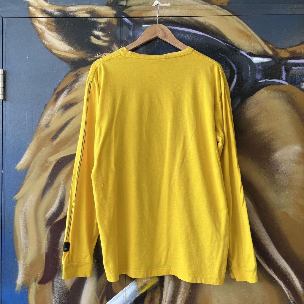 Nautica Competition T shirt Mens Medium Yellow Longsleeve Side Stripe Sailing Graphic Print Streetwear Tee Top 90s Y2K 00s