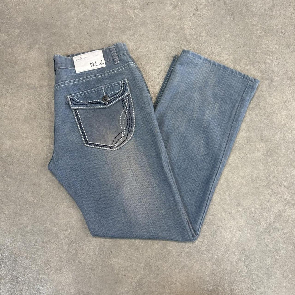 Vintage Light Blue Wash Jeans Mens 34x32 Denim Embroidered Detail Trousers Skate Western Vintage Y2K 90s