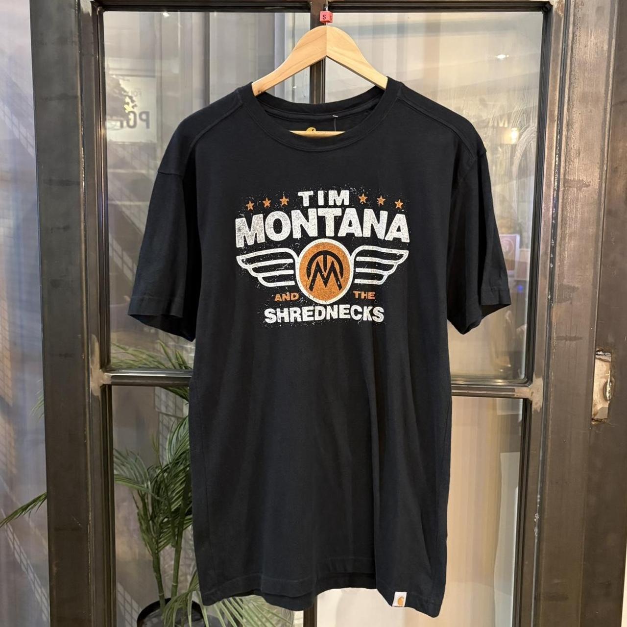 0125C75-F - Vintage Retro Essential Black Carhartt The Montana and the Shrednecks Graphic Print Top Tee T-shirt with embroidered patch logo #skater #workwear  #carhartt #y2k #graphic