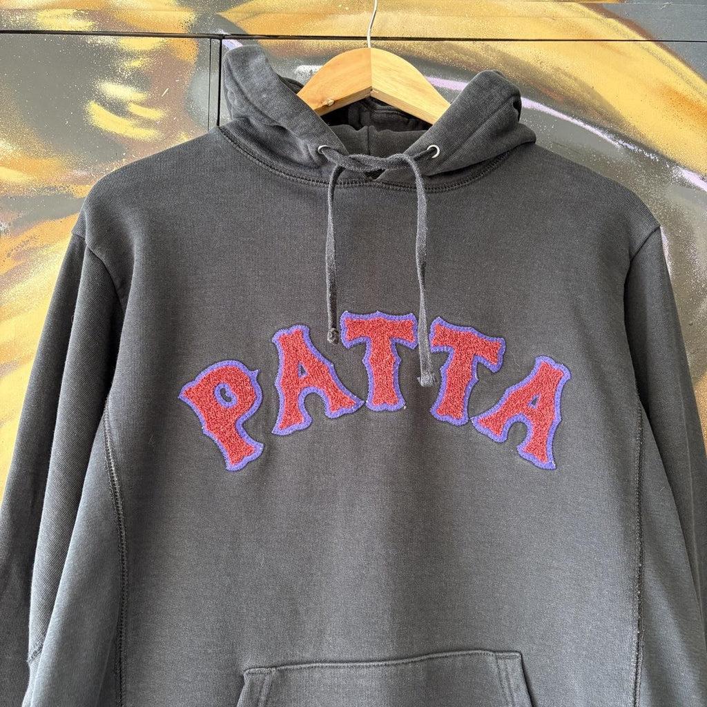 Patta Hoodie Mens Medium Black Biker Logo Felt Amsterdam Pullover Sweatshirt Jumper Top 90s Y2K 00s