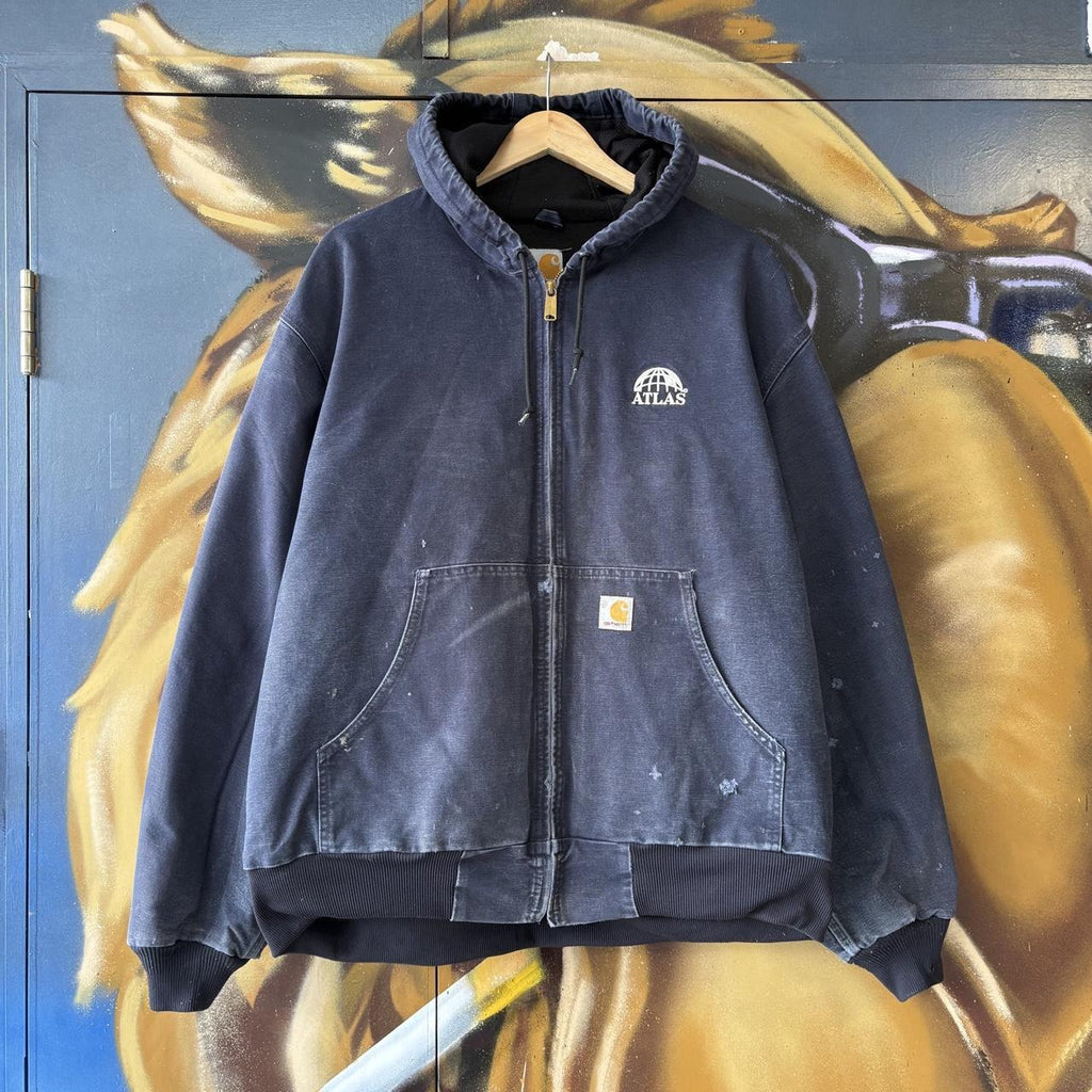 Vintage Carhartt Active Jacket Mens XL Navy J131-DNY Made In USA Full Zip Hooded Canvas Heavyweight Coat 90s Y2K