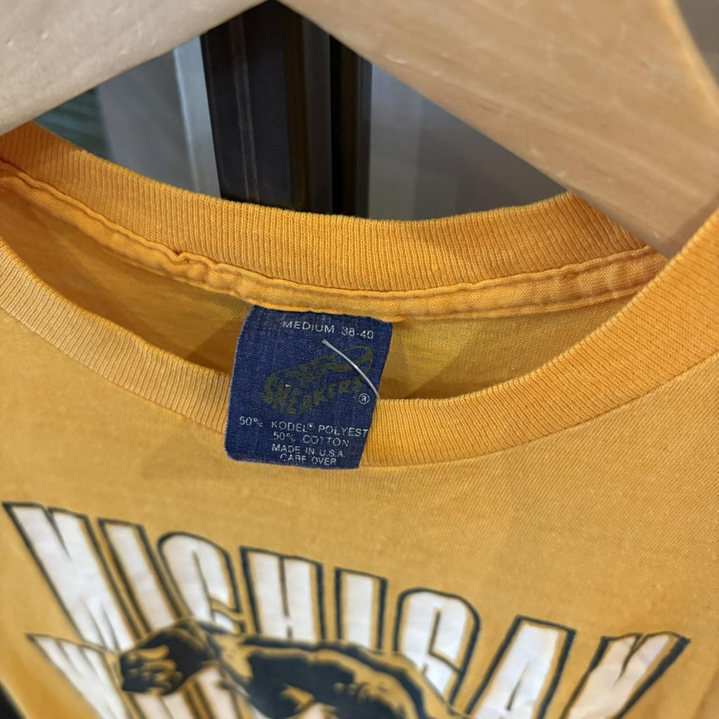 TEE506F - Vintage Retro Essential Mustard Michigan Wolverines Single Stitch Graphic Print Top Baby Tee T-shirt #80s #singlestitch #babytee #michigan #wolverines