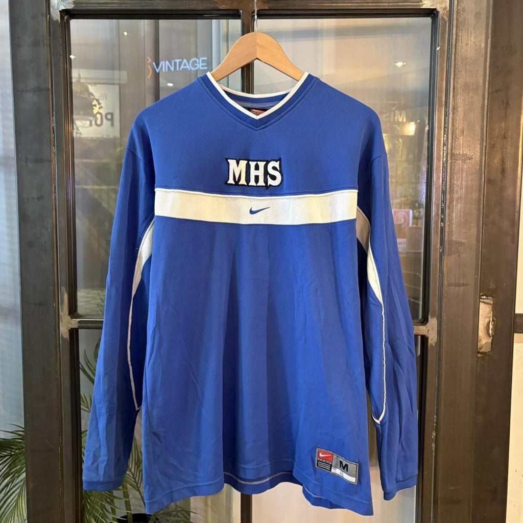 SWT686F - Vintage Retro Essential Blue Nike Crewneck Jumper Sweatshirt with embroidered mhs patch and centre swoosh logo #90s #sportswear #essential #y2k #nike