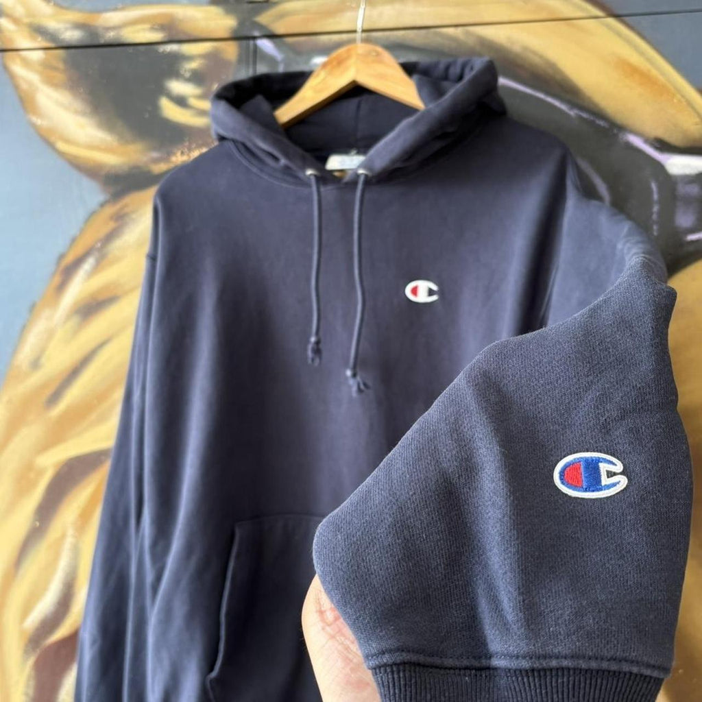 Vintage Champion Hoodie Mens XL Navy Reverse Weave Heavyweight Cotton Pullover Sweatshirt Jumper 90s Y2K 2000s
