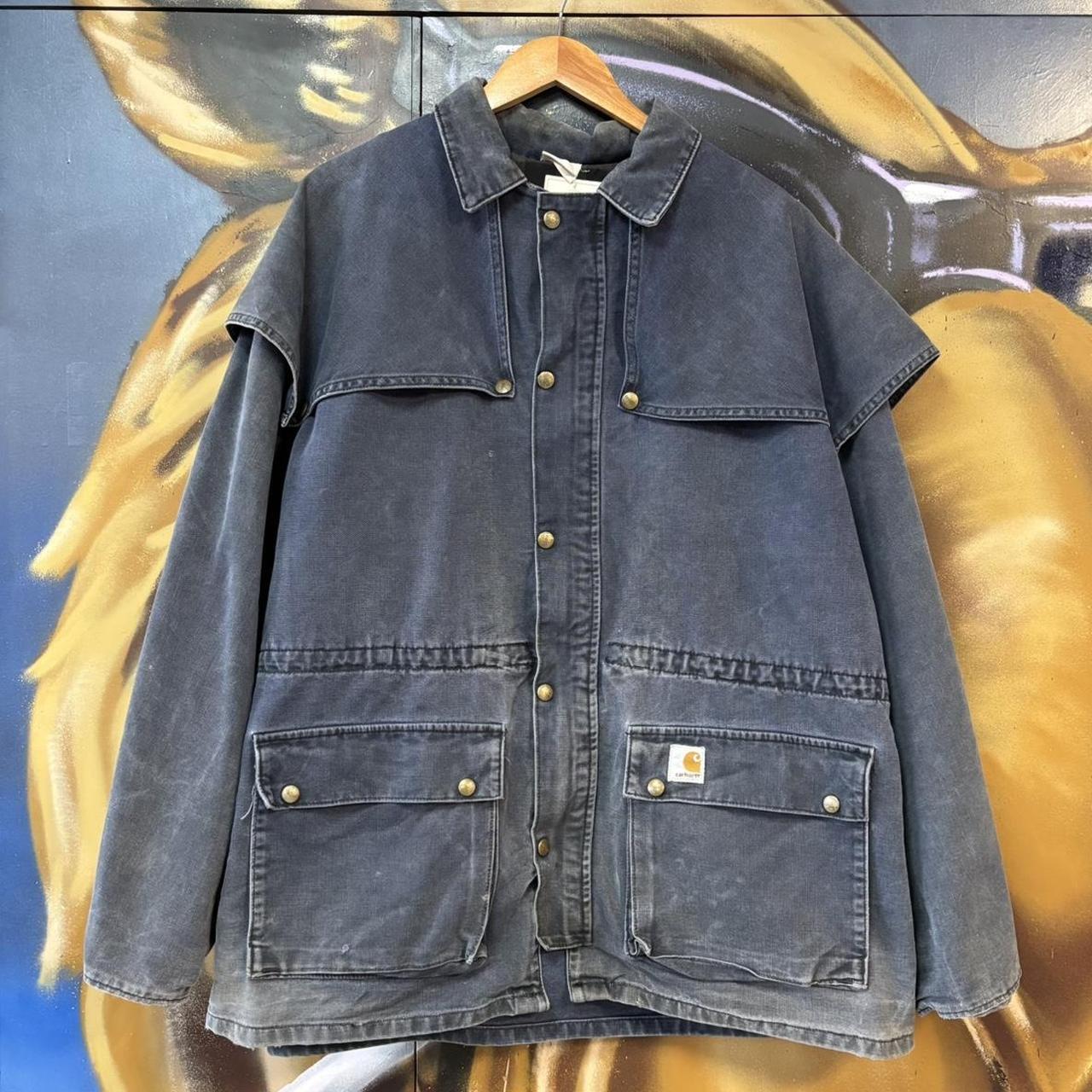 BR0801AR-U - Vintage Retro Essential Navy Blue Carhartt CW043 Button and Full Zip Up Shoulder Cape Duster Workwear Canvas lined chore Jacket #workwear #utility #carhartt #chorejacket